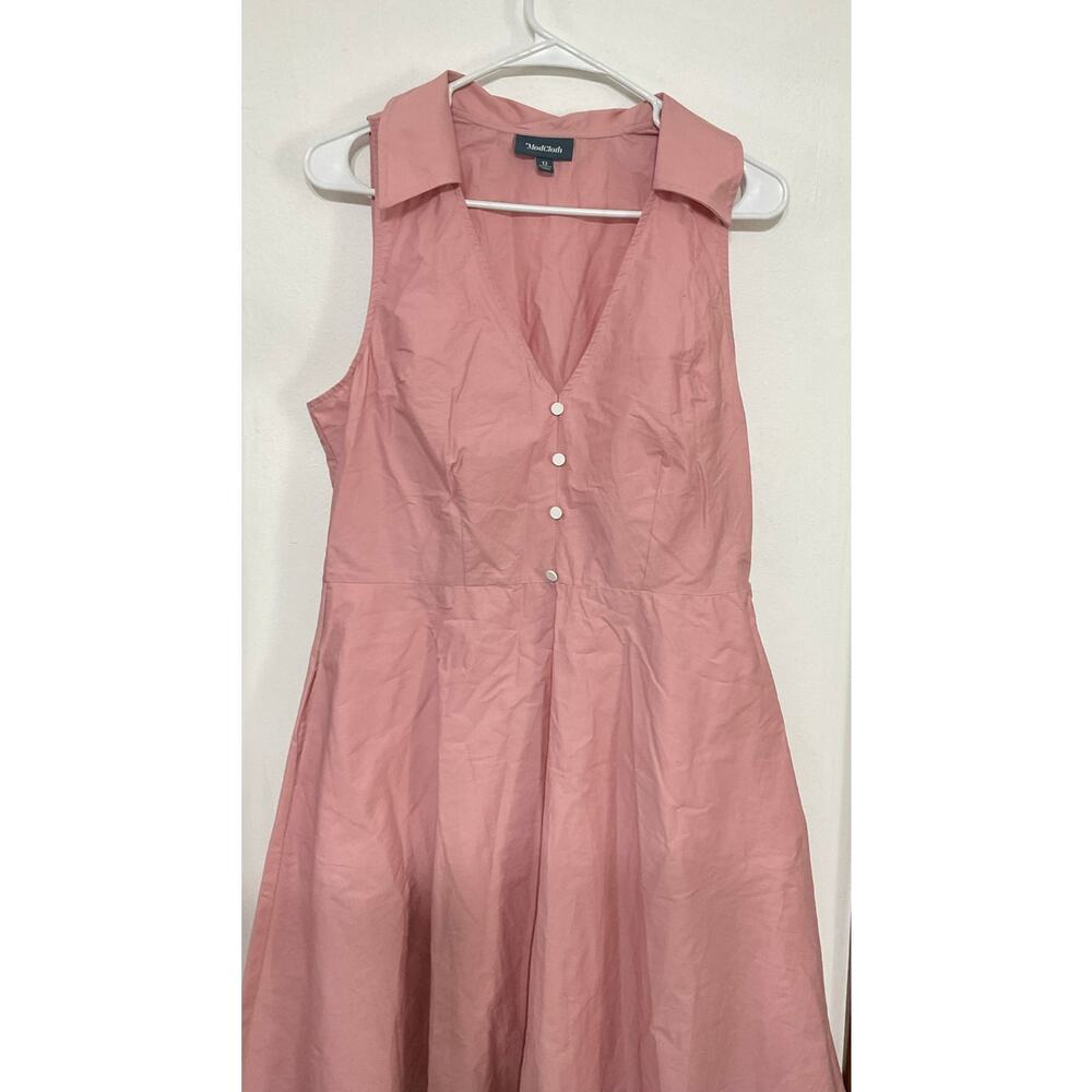 ModCloth Pink Fit and Flare Collared Dress Sleeveless Size 12 Medium Pockets 50s - Picture 5 of 8